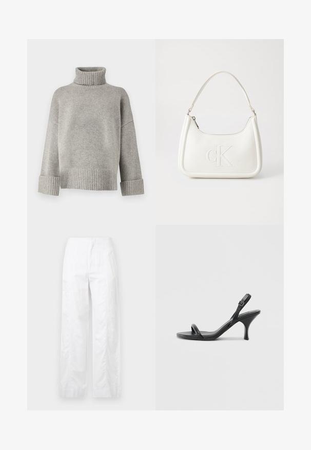 Pelēks turtlenecks džemperis, izgatavots no mīkstas adīšanas materiāla, ar ribinātām piedurknēm un apakšmalu. Tam ir atbrīvota piegriezuma forma un strukturēts kakla izgriezums.; Baltas, plaša kāju bikses, izgatavotas no viegla auduma, ar gludu tekstūru, tīrām līnijām un augstu jostasvietu.; Melnas ādas augstpapēžu sandales ar plānu, izliekta formas papēdi un krustenisku siksnu dizainu. Regulējama potītes siksna. Gluda tekstūra.; Balta ādas rokassoma ar noapaļotu formu, uz kuras priekšpuses ir izgriezts "CK" logo un viena plecu siksna. Augšā aizverama ar rāvējslēdzēju.