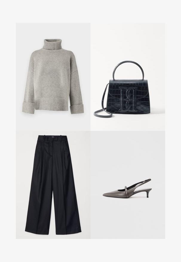 Grey turtleneck sweater made of soft knit material with ribbed cuffs and hem. Features a relaxed fit and a structured neckline.; Black wide-leg trousers made of smooth fabric, featuring a high waist, pleats, and a tailored design. Simple black hardware at the waist.; Pointed-toe, grey leather slingback shoes with a small heel, featuring a decorative strap and metal accent. Smooth texture with minimal design.; Black crocodile-embossed leather handbag with a structured design, top handle, adjustable strap, and a prominent front logo detail.