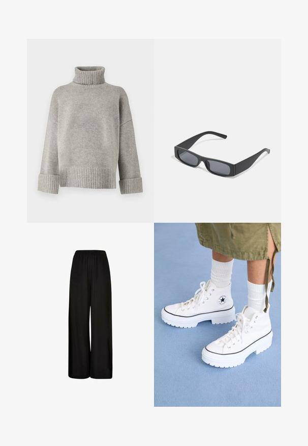 Grå turtlenecktröja i mjukt stickat material med ribbade ärmslut och nederkant. Har en avslappnad passform och en strukturerad halsringning.; Svarta breda byxor, tillverkade av mjukt tyg, med elastisk midja och slät yta. Inga synliga mönster eller detaljer.; Vita högskor med en texturerad kanvasöverdel, gummitåhätta och tjock vit plattformssula. Har svarta detaljer och öglor.; Svarta rektangulära solglasögon med mörka linser och tjocka matta bågar. Bågarna är något avsmalnande med en slät yta.