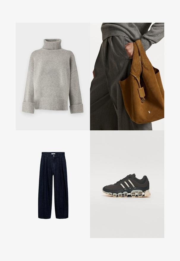 Pulover gri cu gât înalt, realizat dintr-un material tricotat moale, cu manșete și tiv cu nervuri. Are o croială lejeră și un gât structurat.; Pantaloni largi din denim închis, cu pliseuri la talie, având un button frontal și pasaje pentru curea. Textură netedă și design pe întreaga lungime.; Pantof cu aspect sport de culoare neagră, cu un superior texturat, trei dungi argintii și o talpă de amortizare distinctivă, ce prezintă multiple secțiuni integrate.; Geantă tote din suede maro cu formă rotunjită, mânere duale și un accent de metal. Prezintă un logo mic în față.