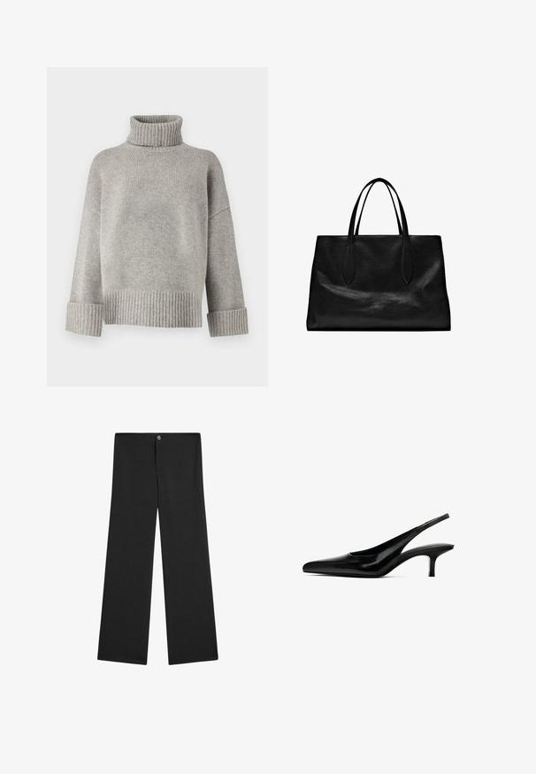Grey turtleneck sweater made of soft knit material with ribbed cuffs and hem. Features a relaxed fit and a structured neckline.; Black wide-leg trousers made from lightweight fabric, featuring a button closure, no visible patterns, and a smooth, plain texture.; Black pointed-toe slingback shoe with a glossy leather finish and a thin, low heel. Features a cutout on the side for breathability.; Black leather tote bag with two elongated handles, a structured shape, smooth texture, and minimalistic design. No visible hardware or accents.