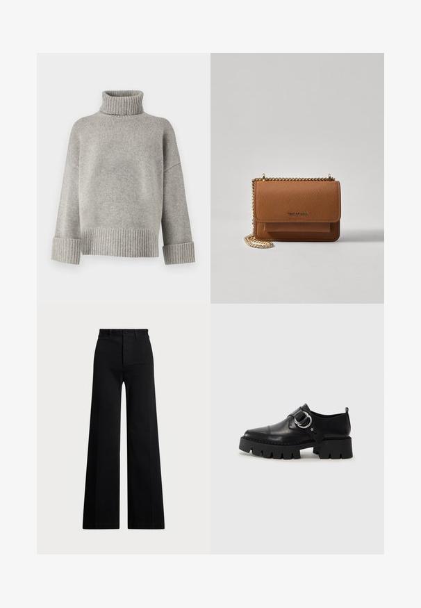 Sivý rolák vyrobený z jemnej pleteniny, s rebrovanými manžetami a lemom. Má voľný strih a štruktúrovaný výstrih.; Čierne široké nohavice vyrobené z tkaniny, so vysokým pásom, predným zapínaním na gombík a bočnými vreckami. Hladká textura s čistými líniami.; Čierne kožené topánky s hrubou, rebrovanou podrážkou, vyznačujúce sa okrúhlou striebornou kovovou ozdobou a minimálnym prešívaním.; Hnedá textúrovaná kožená taška cez telo s zlatým reťazovým popruhom a preklopným uzáverom. Predná strana obsahuje detail s logom a vrecko pod preklopkou.