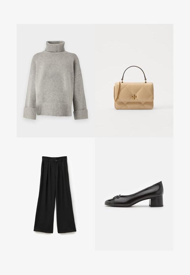 Grå turtleneck sweater lavet af blødt strikmateriale med ribbede manchetter og kant. Har en afslappet pasform og en struktureret halsudskæring.; Sorte vide bukser med høj talje, folder foran og en glat tekstur. Knaplukning med bæltestropper.; Sorte laklæder pumps med rund tå, lille sløjfedetalje foran og en lav blokhæl. Glat tekstur hele vejen igennem.; Quilted beige læder håndtaske med guldfarvet hardware, kædestropp og et håndtag. Har en frontklap og signaturlogo detaljer.