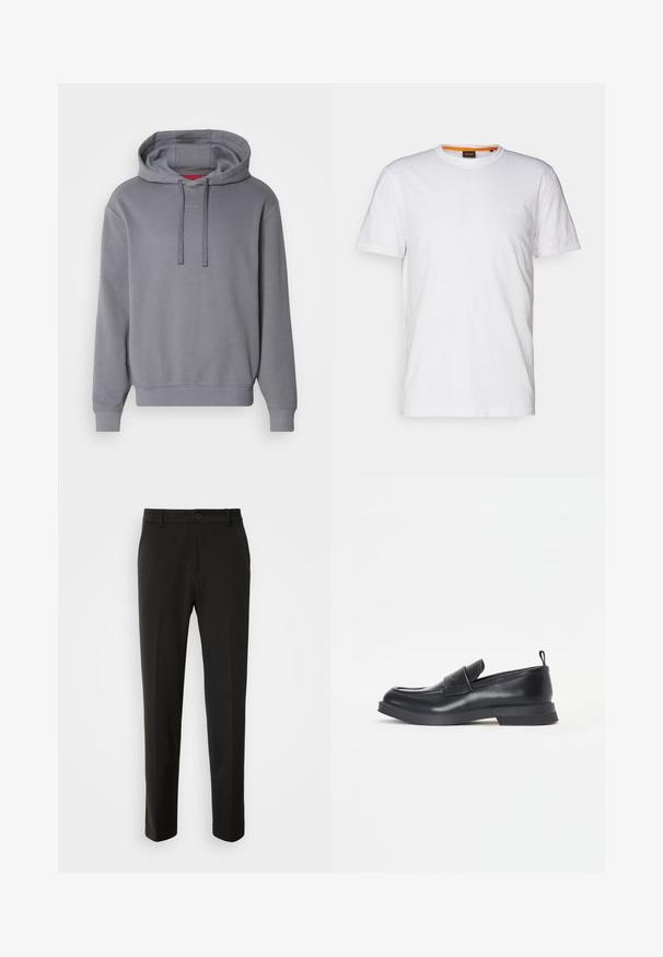 Szürke kapucnis pulóver kenguruzsebbel, állítható kapucnival és bordázott mandzsettákkal. Diszkrét "HUGO" felirattal a mellrészen. Puha anyagú textúra.; Fehér pamut póló kerek nyakkivágással, rövid ujjakkal, és finoman domborított logóval a mellkason. A belső címke narancssárga akcentussal rendelkezik.; Fekete nadrág sima szövetből, egyenes lábakkal, gombos záródással és klasszikus designnal, amely alkalmas formális vagy hétköznapi viseletre.; Fekete bőrcipők lekerekített orral, elülső pánt részlettel és alacsony gumitalppal. Finom varrásokkal és hátul húzófüllel rendelkezik.