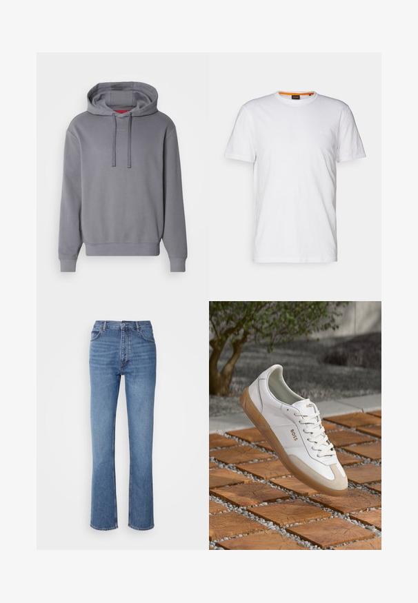 Felpa grigia con tasca a marsupio, cappuccio con cordino e polsini a costine. Presenta una discreta brandizzazione "HUGO" sul petto. Tessuto morbido.; T-shirt bianco in cotone con collo rotondo, maniche corte e un logo a rilievo discreto sul petto. L'etichetta interna ha un accento arancione.; Jeans in denim blu con vita alta, design a gamba dritta e leggera sbiaditura. Presentano il classico stile a cinque tasche e chiusura con zip.; Sneaker bianca in pelle con accenti in suede beige, caratterizzata da una punta rotonda, chiusura con lacci e suola in gomma marrone, con il nome del marchio "BOSS".