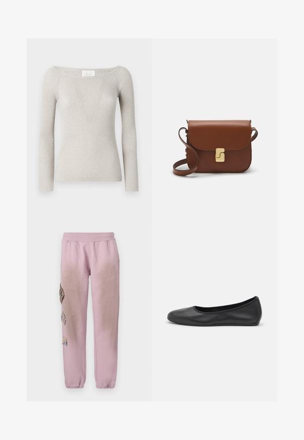 Top lung cu umerii la vedere, dintr-un material gri deschis cu textură în dungi fine și o strălucire subtilă. Prezintă o siluetă ajustată și un decolteu larg.; Pantaloni de trening roz cu talie elastică, cu petice decorative în formă de diamant pe partea stângă și manșete elastice la glezne.; Balerini din piele neagră, cu vârf rotund, textură netedă, detalii de cusătură minimale și un design al tălpii flexibil.; Geantă de piele maro cu închidere tip capac, accesorii de culoare aurie, curea de umăr și o textură netedă. Formă compactă și rectangulară.