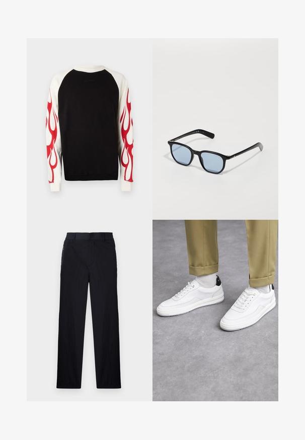 Vision of Super CREW NECK WITH FLAMES - Felpa - black; Pantaloni neri realizzati in un tessuto leggero e strutturato, con taglio dritto, vita elasticizzata e tasche laterali con zip.; Sneaker bianchi con finitura in pelle testurizzata, punta arrotondata e accentuazione nera sul tallone. Suola in gomma con piccolo motivo di battistrada e dettagli cuciti.; Occhiali da sole neri con montatura rettangolare, lenti azzurre chiare e texture in plastica liscia. Presentano aste sottili con un sottile dettaglio del logo.