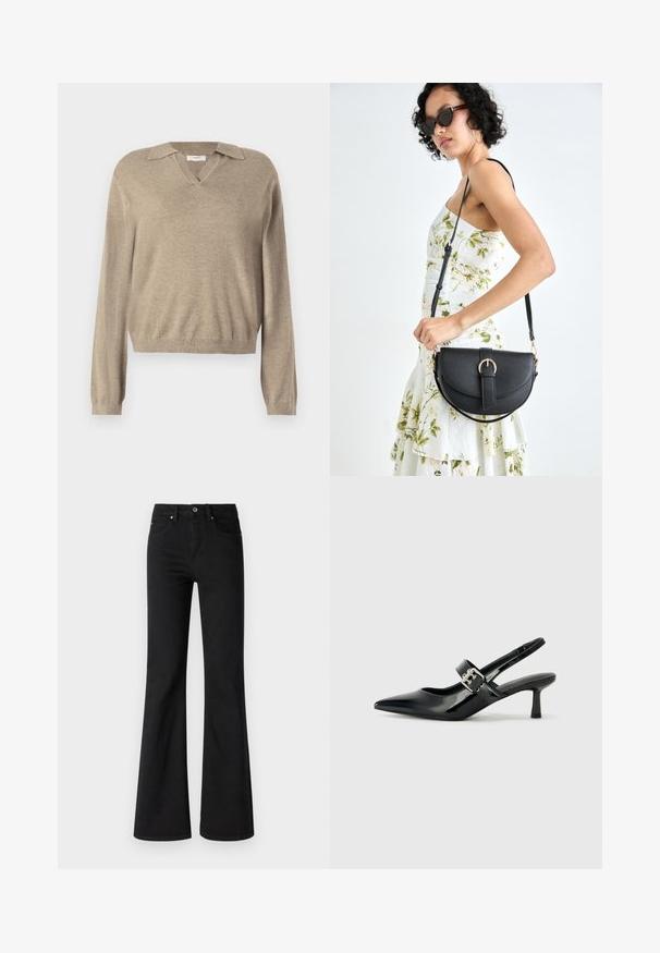 Beige színű, V nyakú, galléros pulóver. Hosszú ujjak, bordázott mandzsetták és puha textúra jellemzi, alkalmas hétköznapi viseletre.; Fekete, magas derekú, denimből készült, bő szárú farmernadrág, öt zsebbel, elülső gombbal és cipzárral, sima textúrával.; Fekete lakkbőr slingback sarkú cipők hegyes orral és kis blokk talppal, ezüst csat díszítéssel a pánton.; Fekete bőrtáska ívelt formával, levehető pánttal és arany színű fémrészekkel. A táskán egy csattal díszített fedél található.