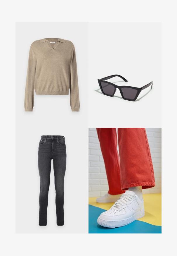 Pull beige avec un décolleté en V et un design col. Manches longues, poignets côtelés et une texture douce, idéal pour une tenue décontractée.; Jean skinny taille haute en denim gris foncé, texture lisse, avec poches avant et bouton en métal à la taille.; Baskets blanches en cuir avec une boîte à orteils perforée, semelle texturée et lacets blancs, associées à un large pantalon rouge et un fond bleu et jaune.; Lunettes noires angulaires avec des verres gris ; fabriquées en plastique, avec des branches épaisses à la surface lisse et sans matériel visible.; Boucles d'oreilles en or avec une finition lisse et brillante. Design circulaire présentant un petit clou et une attache transparente pour un port sécurisé.