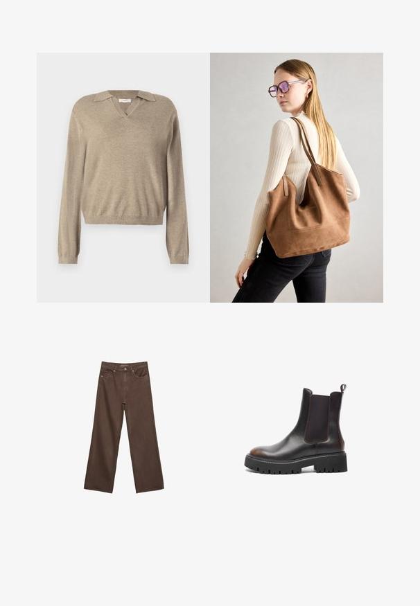 Béžový sveter s dekoltom do V a golierom. Dlhé rukávy, rebrované manžety a mäkká textúra, vhodný na bežné nosenie.; Džínsy s širokými nohavicami v hnedej farbe, vyrobené z denimu, so zvýšeným pásom, prednými vreckami a klasickým zapínaním na gombík. Hladká textúra s jemným prešívaním.; Hnedé kožené členkové topánky s elastickými bočnými panelmi, masívnou čiernou gumovou podrážkou, okrúhlou špičkou, kontrastným šitím a pútkom na zadnej strane.; Hnedá semišová taška na rameno s mäkkou textúrou, veľkým otvorom a dlhými popruhmi. Má jednoduchý dizajn s viditeľným šitím a bez kovových prvkov.