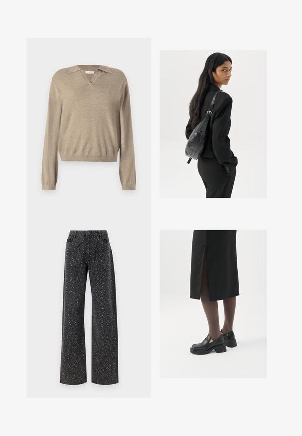 Beige sweater med v-hals og krave-design. Langærmede, ribbede manchetter og en blød tekstur, velegnet til afslappet brug.; Noisy May NMJANNEL LOOSE - Jeans Relaxed Fit - black denim; Sorte lædersko med rund tå, kraftig blokhæl og elastiske sideaccentuer, parret med mørke strømpebukser og en sort nederdel med slids.; Kvinde med langt, mørkt hår iført en sort dragt, bærende en sort læder skuldertaske, som ser over sin skulder mod en hvid baggrund.; Sølvøreringe med et minimalistisk design. Cirkulær form, glat tekstur og tynd profil. Letvægtige med en poleret overflade.