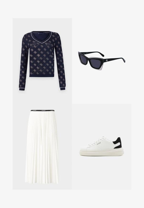 Temno modra dolga majica s kratkimi rokavi in V-vratom, ki ima ponavljajoč svetel vzorec in teksturirano pletenje. Okrašena z kontrastno obrobo okoli vratu.; Gubasta bela krila z črnim elastičnim pasom, ki nosi logotip "LACOSTE". Srednje dolga zasnova z mehkobo tkanine.; Bele usnjene športne copate z debelim belim podplatom, črnimi semišnimi detajli na peti in utisnjenim logotipom na strani. Zavezovanje s šestimi luknjicami.; Črne prevelike sončne očala geometrijske oblike, z temnimi lečami in kontrastno sivo podrobnostjo na okvirju. Logo na ročaju.