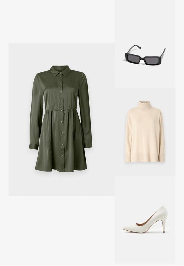 Bežový rolák vyrobený z měkké tkaniny, s žebrovaným límcem a manžetami, volně padnoucí a s rovného lemu.; Kostýmové šaty s dlouhým rukávem v olivově zelené barvě, s vypasovaným pasem a límečkem, mírně rozšířenou sukní a manžetovými rukávy.; Bílé lakované kožené lodičky na vysokém podpatku s špičatou špičkou a hladkým povrchem, vybavené štíhlým podpatkem a nízkým střihem kolem otvoru.; Černé sluneční brýle s obdélníkovým rámem, tmavými čočkami a hladkým lesklým povrchem. Mají tenké nožičky s jemným logem na boku.; Zlaté kovové náušnice s vlnitým designem; hladký, lesklý povrch; asymetrický tvar; žádné viditelné vzory nebo hardware.