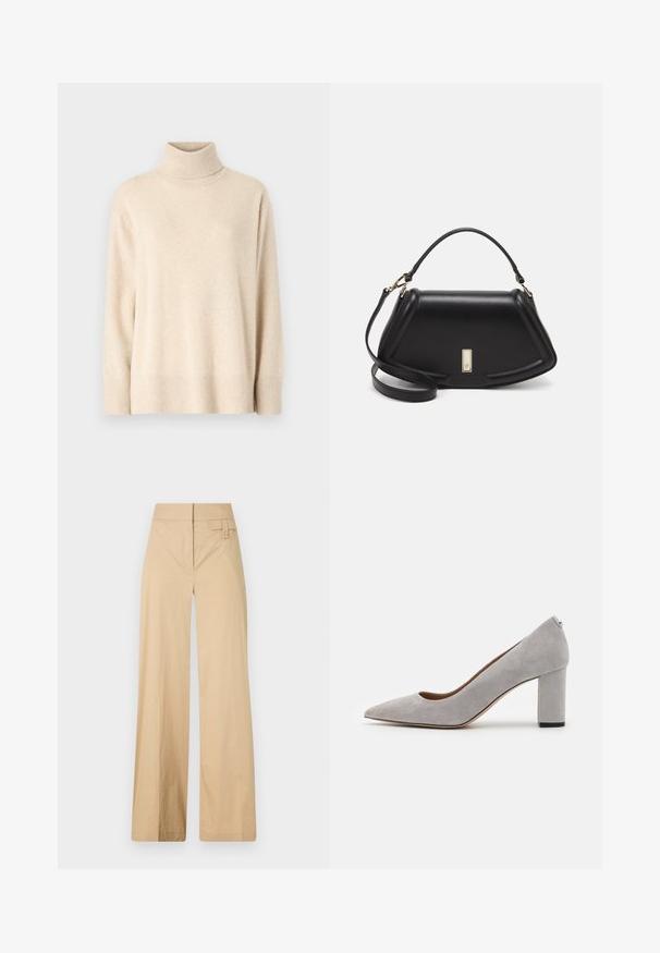 Beige Rollkragenpullover aus weichem Stoff, mit einem gerippten Kragen und Bündchen, locker geschnitten und mit geradem Saum.; Beige weite Hosen aus Baumwollmischgewebe. Sie haben eine glatte Textur, einen elastischen Bund und eine seitliche Knopfdetail.; Graue Wildleder-Pumps mit spitzem Fuß und breitem Absatz. Sie zeichnen sich durch eine glatte Textur und einen subtilen Absatzakzent für Stabilität aus.; Schwarze Lederhandtasche mit einem strukturierten Design, das eine verkürzte Form, einen oberen Griff und goldfarbene Hardware-Details aufweist. Verstellbarer Schulterriemen ist enthalten.