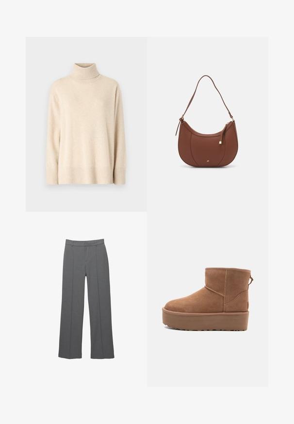 Beige Rollkragenpullover aus weichem Stoff, mit einem gerippten Kragen und Bündchen, locker geschnitten und mit geradem Saum.; Graue Hosen mit weitem Bein aus strukturiertem Stoff, mit flacher Vorderseite, zwei vertikalen Bügelfalten und einem normalen Bund.; Beige Wildleder-Ankle-Boot mit Plateausohle, abgerundetem Zehenbereich und abgesteppten Akzenten; verfügt über eine Zuglasche hinten für einfaches An- und Ausziehen.; Braune Kunstleder-Schultertasche mit geschwungener Form, minimaler Naht und goldfarbener Hardware-Akzent. Verfügt über einen oberen Reißverschluss und einen verstellbaren Trageriemen.