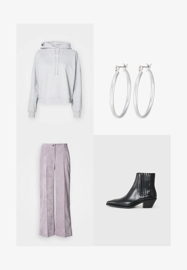 Felpa corta grigia chiara realizzata in tessuto morbido. Presenta un cappuccio con cordino, spalle abbassate e polsini a costine. Design semplice e minimalista.; Pantaloni in corduroy di un leggero lavanda con vita alta, gamba larga e pieghe frontali. Presentano una chiusura con un pulsante e orlo cucito.; Stivaletto in pelle nera con punta affusolata, pannelli laterali elasticizzati con scanalature verticali e tacco basso a blocco. Texture liscia e design elegante.; Orecchini a cerchio in argento con una finitura liscia e lucida. Forma rotonda e chiusura a scatto sicura. Design leggero adatto per l'uso quotidiano.