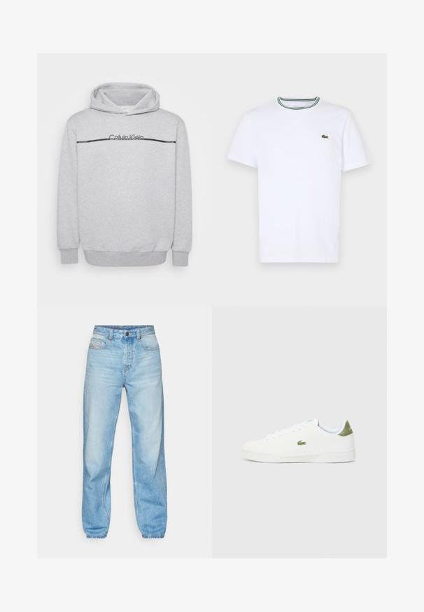 Szürke kapucnis pulóver, puha anyagból, elöl logóval, a mellkasán fekete vízszintes csíkkal és bordázott mandzsettákkal valamint aljúval.; Fehér pamut, rövid ujjú póló bordás gallérral, zöld és fekete csíkokkal; kis zöld hímzett logó a bal mellen.; Világoskék farmernadrág, egyenes szabással, öt zsebes dizájnnal és látható gombos cipzárral, kontrasztos varrással.; Fehér sportcipő sima textúrával, zöld akcentussal a sarkán, és egy kis hímzett krokodil logóval az oldalán.