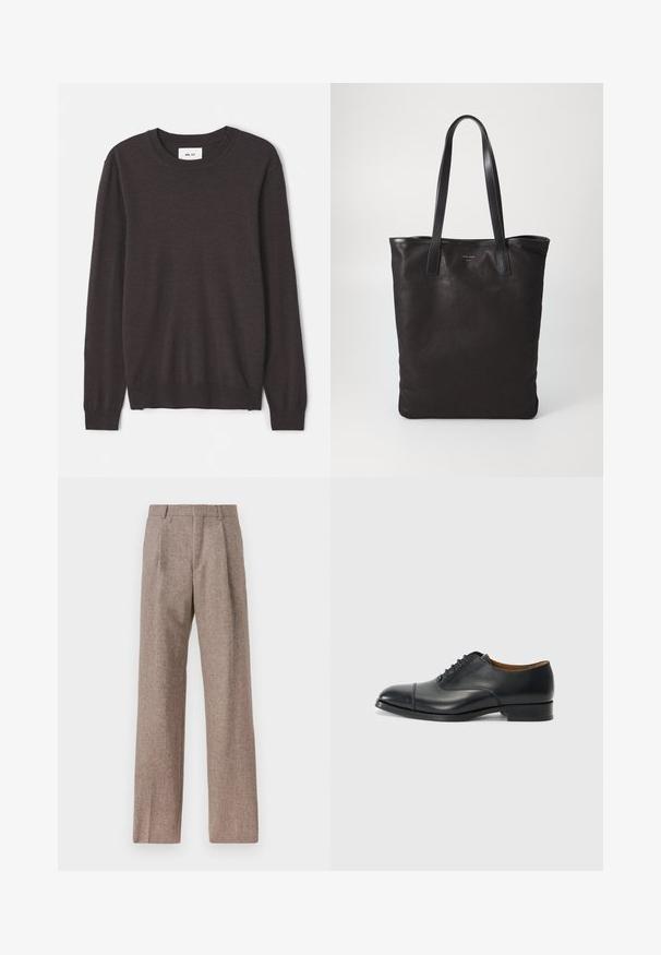 Dunkelbrauner Strickpullover mit rundem Ausschnitt, langen Ärmeln, gerippten Bündchen und Saum, glatter Textur und minimalem Markenlabel.; Weißes Langarm-Hemd mit Knöpfen aus Baumwolle, ausgestattet mit einer Brusttasche mit tonalem Stickerei, einem Kragen und Knopfmanschetten.; Braune, hochtaillierte Hose aus strukturiertem Stoff. Mit weitem Bein und zwei vorderen Bügelfalten für zusätzliche Form. Saubere Verarbeitung ohne sichtbare Hardware.; Schwarze Lederoberlederschuhe mit glatter Oberfläche, abgerundetem Zeh, fünf Ösen für die Schnürsenkel und niedrigem Blockabsatz. Minimalistisches Design mit feinen Nähten.; Schwarze Stofftote mit schwarzen Ledergriffen. Einfaches Design, geräumiger Körper und glatte Textur. Keine sichtbaren Logos oder Muster.