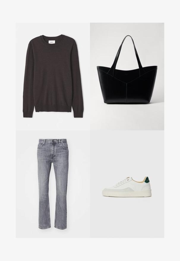 Tmavo hnedý pletený sveter s okrúhlym výstrihom, dlhými rukávmi, rebrovanými manžetami a obtiahnutým lemom, hladkou textúrou a minimálnou značkovacou etikettou.; Sivé riflové nohavice s rozšírenými nohavicami a vyblednutým povrchom, päť vreciek, predné zapínanie na gombík a pútka na opasok. Klasický rovný strih.; Biele tenisky s semišovými akcentmi, zaoblenou špičkou, plochými šnúrkami a krémovou gumovou podrážkou. Na päte sú zelené značky.; Čierna kožená taška s pevným tvarom, so širokými dlhými ušami a V-tvarovým švom na prednej strane. Hladký povrch.
