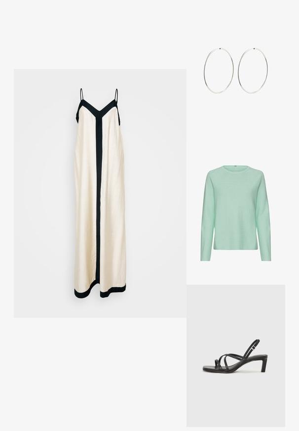 Licht mintgroen gebreide trui, lange mouwen, ronde halslijn, geribbelde textuur, casual pasvorm, geen zichtbare patronen of hardwaredetails.; Maxi-jurk in roomkleur met een zwarte V-vormige halslijn en zijaccenten. Gemaakt van een gladde stof met verstelbare bandjes en een vloeiende silhouette.; Zwarte sandaal met bandjes, vierkante teen en een lage blokhak. Voorzien van meerdere dunne bandjes en een verstelbare enkelband. Gemaakt van zacht leer.; Zwarte leren schoudertas met een gladde textuur, rechthoekige vorm en een metallic kettingdetail aan de voorkant. Verstelbare schouderband inbegrepen.; Zilveren oorbellen in een gladde, ronde vorm met een gepolijste afwerking. Ze zijn dun en lichtgewicht, met een eenvoudige haaksluiting.
