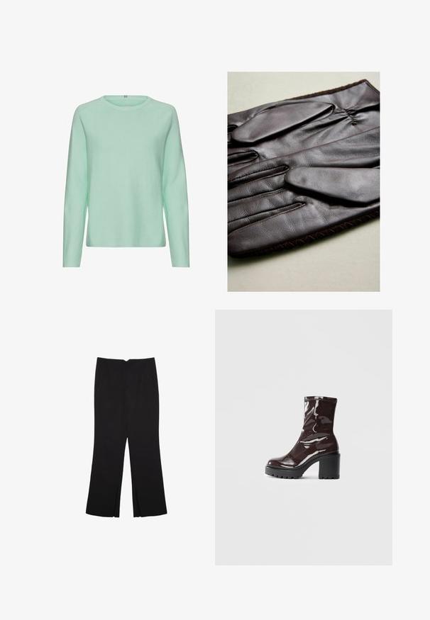 Lys mintgrøn strikket trøje, lange ærmer, rund halsudskæring, ribbet tekstur, casual pasform, ingen synlige mønstre eller hardware detaljer.; Sorte bukser med lige pasform, der har frontlommer og slidser i kanten. Lavet af blødt, glat stof. Velegnet til forskellige anledninger.; Glatte burgunder ankelstøvler med en chunky sort hæl, der har en glat tekstur og et simpelt design. Ingen synlige lukninger eller mønstre.; Brune læderhandsker med en glat tekstur, der har fem fingre, elastisk håndled og dekorativ syning langs kanten.