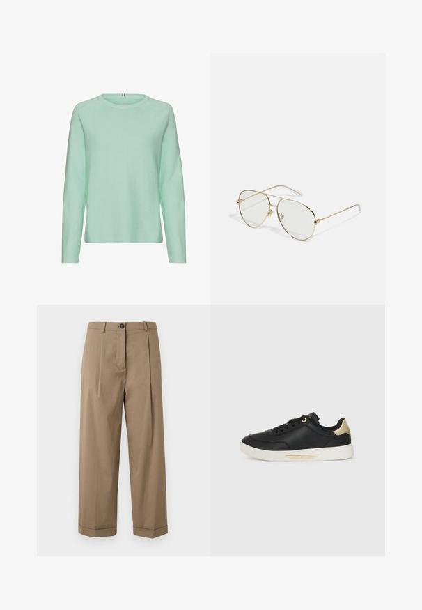 Lys mintgrøn strikket trøje, lange ærmer, rund halsudskæring, ribbet tekstur, casual pasform, ingen synlige mønstre eller hardware detaljer.; Brune, brede bukser med flad front og plisseringer, knaplukning og oprettede manchetter, lavet af glat stof.; Sort lædersneaker med en glat overflade, hvid gummisål, guldaccenter på hælen og øjet, med et logo på siden.; Gucci Solbriller - gold