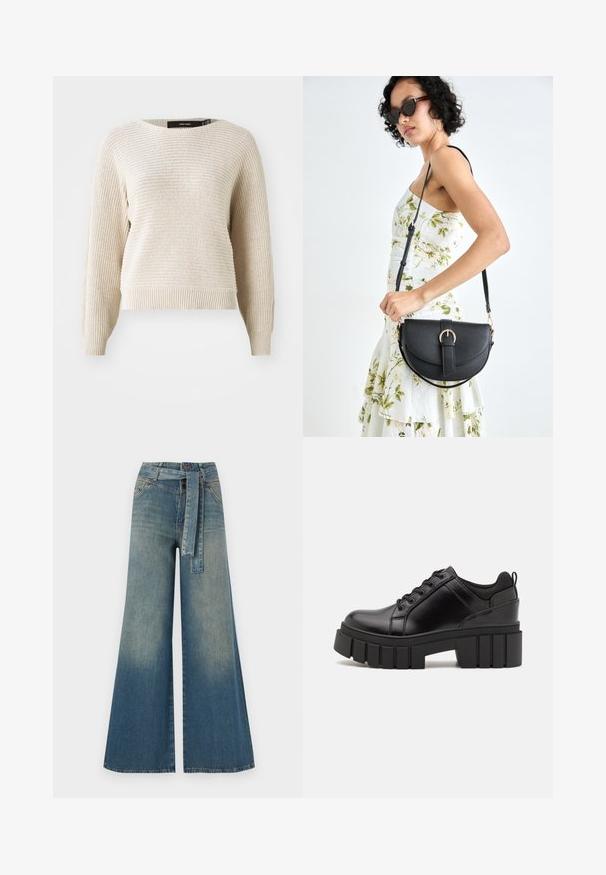 Svetlo bež pletena majica z teksturiranim zaključkom, okroglo izrezanega vratu in dolgimi rokavi. Ima rebrast rob in manšete ter sproščen kroj.; Široke jeans hlače z gradientom od svetlo do temno modre, visokim pasom, zankami za pas in pasom iz istega materiala. Tekstura denim končnica.; Črne usnjene platforme z debelim blokastim petam, okroglo konico in klasičnim vezanjem. Imajo gladko teksturo in minimalne podrobnosti.; Črna usnjena torbica s ukrivljeno obliko, z odstranljivo naramnico in zlatimi dodatki. Torbica ima pokrov s podrobnostmi v obliki zaponke.