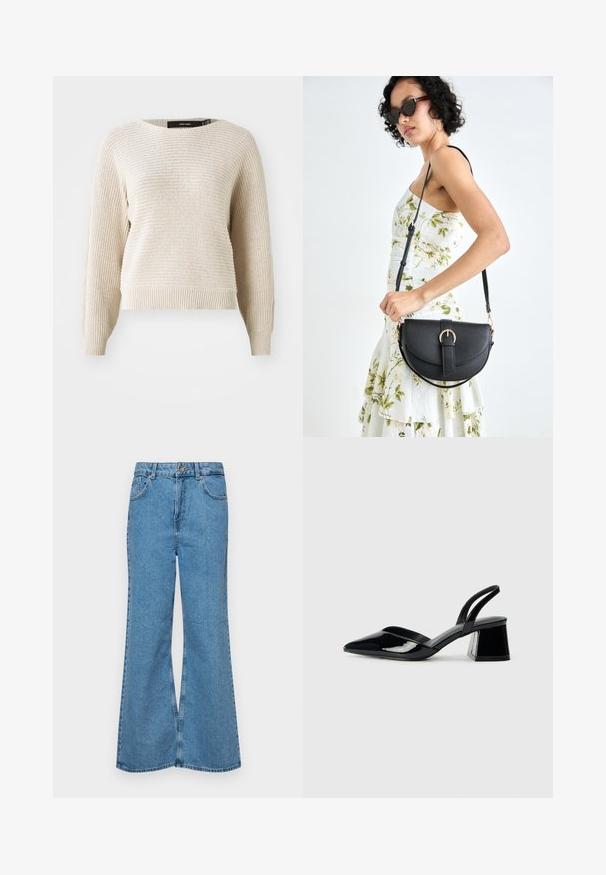 Világos bézs kötött pulóver texturált felülettel, kerek nyakkivágással és hosszú ujjak. Ribbed alsó szegéllyel és mandzsettákkal rendelkezik, laza fazonú.; Világoskék, trapézszárú farmernadrág, magas derékkal, öt zsebbel és egy gombos záródással. Puha tapintású, magasított effektusú anyag.; Fekete lakk bőr szandálkés magas sarkú cipő, hegyes orral és geometrikus tömbsarkakkal. Karcsú, minimalista dizájn és sima textúra jellemzi.; Fekete bőrtáska ívelt formával, levehető pánttal és arany színű fémrészekkel. A táskán egy csattal díszített fedél található.