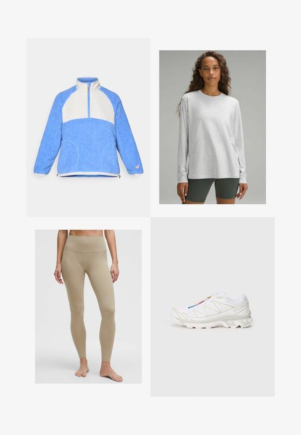 Lichtblauwe fleece pullover met een witte panel, halve rits, elastische manchetten en een voorste kangoeroezak. Kenmerkende zachte textuur.; Lange mouw lichtgrijs shirt van een zachte, gestructureerde stof met een ronde hals en een relaxte pasvorm, gecombineerd met donkergroene shorts.; Beige high-waisted legging van rekbaar materiaal, met een gladde textuur en zonder zichtbare patronen of hardware-details.; Witte sportieve schoen met een gestructureerde mesh bovenkant, reflecterende accenten en een gevoerde zool. Opvallend merklogo aan de zijkant.