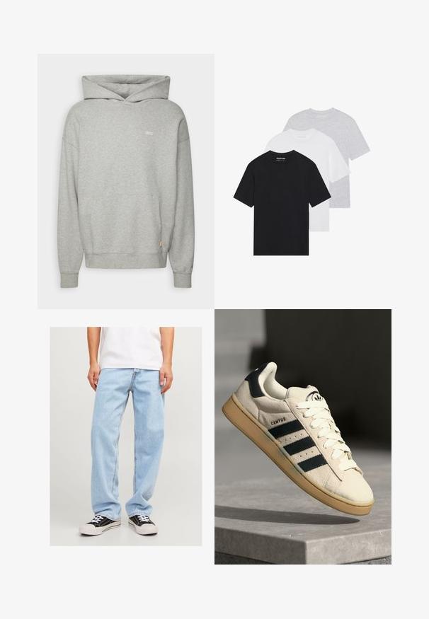 Levi's® GOLD TAB HOODIE - Kapucnis pulóver - medium vintage grey; Három darabból álló alap pólószett fekete, fehér és világosszürke színekben. Rövid ujjú, kerek nyakú, sima pamut anyagból készült. A márka logója látható.; Világoskék farmernadrág, laza szabással, egyenes lábbal és standard varrással, fekete sportcipővel párosítva.; Bézs velúr sportcipő három sötétkék csíkkal, fehér fűzőkkel és világosbarna gumi talppal. A nyelvén logó található, valamint a "CAMPUS" felirat.