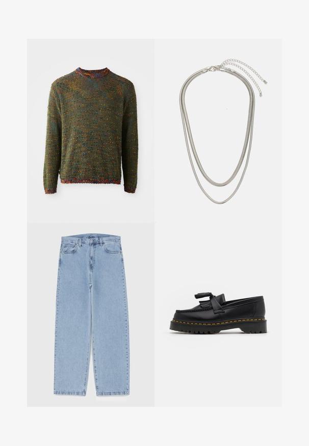 Tumedast rohelisest Sofistikeeritud kampsun, millel on tekstuuriline muster ja mitmevärvilised laigud, ribitud kaeluse ja varrukaotstega.; Heled sinise denimi sirgete põlvede lõikega teksad, millel on keskmise kõrgusega vöökoht, viis taskut ning nööbid ja tõmblukk.; Mustmust musta loafer, millel on frantsiisi aktsent, paks must tald ja kollane õmblus servas. Tekstuuriga viimistlus.; Kolmekihiline hõbedane metallkaelakee, mis on valmistatud peentest, paindlikest kettidest kerge läikega, kinnitatud krabi sulguri ja reguleeritava ketiga.