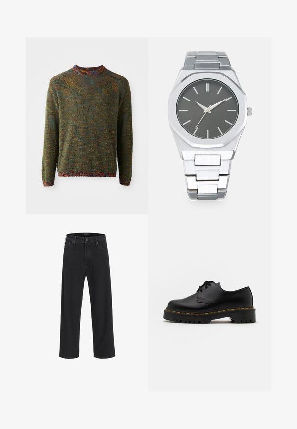 Tumedast rohelisest Sofistikeeritud kampsun, millel on tekstuuriline muster ja mitmevärvilised laigud, ribitud kaeluse ja varrukaotstega.; Mustad sirgedega teksapüksid, millel on nööp ja lukuga sulgemine, vöökohaga silmad ning ees- ja tagataskud.; Must musta lesti kingad ümarate varvastega, tekstureeritud kummitald ja kollane õmblus aluse ääres. Lame disain ja sile viimistlus.; Hõbedane analoogkell, millel on oktagonaalne korpus, hall kelladial, hõbedased näidikud ja roostevabast terasest link-rihm. Minimalistlik disain sujuva tekstuuriga.