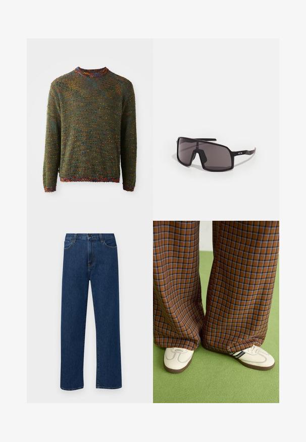 Pleteni pulover v temno zeleni barvi z teksturiranim vzorcem, ki vsebuje večbarvne pike ter rebrast ovratnik in manšete.; Temno modri jeans ravne krojenje z naprsnimi žepi in gumbom za zapiranje, prikazani na enostavni beli podlagi.; Rjave in modre kariraste hlače širokih nogavic, v kombinaciji z belimi čevlji, ki imajo črne poudarke in teksturirane podplate, na zeleni podlagi.; Črne pravokotne sončna očala s temnimi lečami, širokim okvirjem in ozkimi črnimi ročaji. Imajo logo na templjih. Gladka tekstura.
