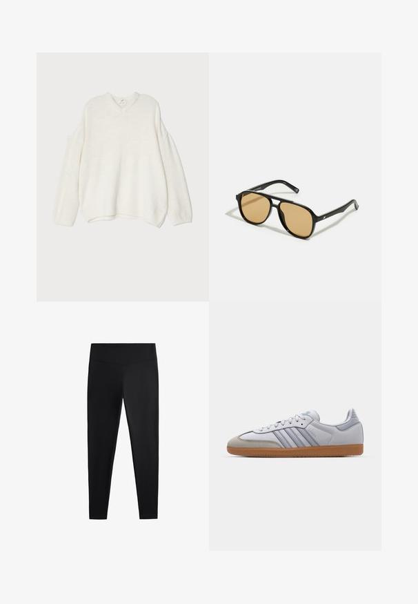 Pulover alb supradimensionat cu decolteu în V, textură rașchită, umeri căzuți și manșete tricotate. Material moale cu un design relaxat.; Colanți negri realizați dintr-un material neted și elastic. Prezintă o talie lată și un design cu picioare conice, potriviți pentru activități sportive sau purtat casual.; Tenisi din piele albă cu accente albastre deschise, vârf din suede gri și talpă din cauciuc maro. Prezintă trei dungi albastre și branding "Samba".; Ochelari de soare negri cu lentile de culoare maro; formă rectangulară cu un cadru gros, inclusiv accente hardware subtile pe mânere.