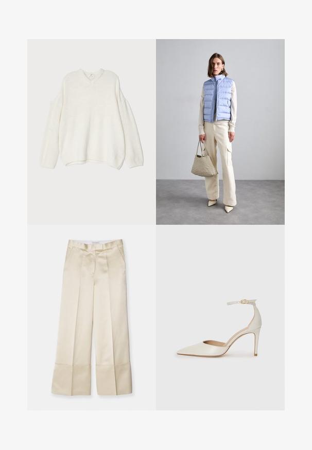 Balts pārāk liels džemperis ar V-veida kaklu, ribotu tekstūru, kritiem pleciem un adītiem piedurknēm. Mīksts materiāls ar brīvu dizainu.; Bēšas platās bikses no gludas auduma ar augstu jostasvietu, ar krokām priekšpusē un salocītu apakšmalu, kurām ir sānu kabatas un tīra apdare.; Baltas ādas augstpapēžu kurpes ar smailu purngala daļu, potītes siksniņu un šauru stiletto papēdi. Gluda tekstūra ar smalku spīdumu.; DRAGON DIFFUSION SANTA CROCE BIG - Rokassoma - pearl