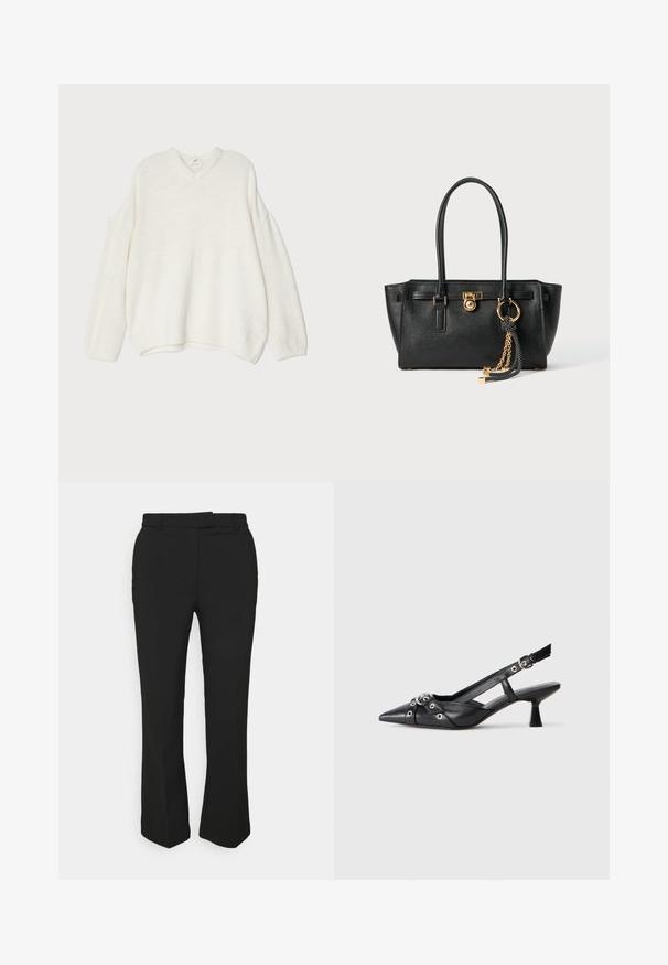 Weißer übergroßer Pullover mit V-Ausschnitt, gerippter Textur, fallenden Schultern und gestrickten Bündchen. Weiches Material mit entspanntem Design.; Schwarze, maßgeschneiderte Hose mit geradem Bein, ausgestattet mit Gürtelschlaufen und Seitentaschen. Hergestellt aus glattem Stoff mit sauberem Finish.; Schwarzer Leder-Slingback-Schuh mit spitz zulaufender Zehenpartie, dekorativen Riemen mit METALLÖSEN und niedrigem Blockabsatz. Strukturelle Oberfläche.; Schwarze Lederhandtasche mit doppelten Griffen, goldfarbener Verschluss- und Kettendetails sowie einem schwarz-weißen Quastenaccessoire vor weißem Hintergrund.