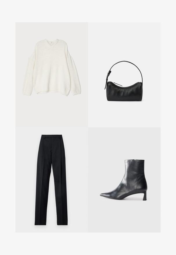 Weißer übergroßer Pullover mit V-Ausschnitt, gerippter Textur, fallenden Schultern und gestrickten Bündchen. Weiches Material mit entspanntem Design.; Schwarze Hosen aus glattem Stoff mit hoher Taille, weitem Bein, vorderen Falten und klassischen Gürtelschlaufen. Keine sichtbaren Seitentaschen.; Schwarze Lederstiefelette mit spitzer Zehe und schlankem Design. Verfügt über einen niedrigen Absatz und einen Reißverschluss hinten. Glatte Textur.; Schwarze Leder-Umhängetasche mit geschwungenem Design, Reißverschluss und schmalem Trageriemen. Hat eine glatte Textur und dezente Nahtdetails.