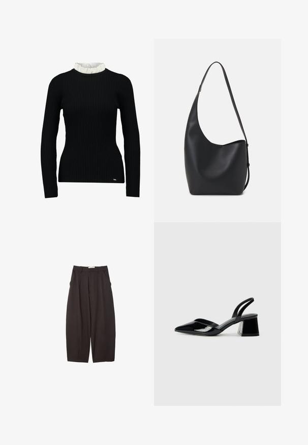 Schwarzes, geripptes Langarmoberteil mit einem weißen, gerafften Kragen. Das Oberteil hat eine taillierte Form und eine weiche Textur. Dezentes Logo am Saum.; Schwarze weit geschnittene Hosen aus einem glatten Stoff, mit hoher Taille, Frontfalten und Seitentaschen. Schlichtes Design ohne Verzierungen.; Schwarze Lackleder-Slingback-High Heels mit spitzem Schuh und einem geometrischen Blockabsatz. Verfügt über ein schlankes, minimalistisches Design und eine glatte Textur.; Schwarze Leder-Hobo-Tasche mit einer glatten Textur, geschwungener Form und einem einzelnen verstellbaren Tragegurt; verfügt über eine weite Öffnung am oberen Ende.