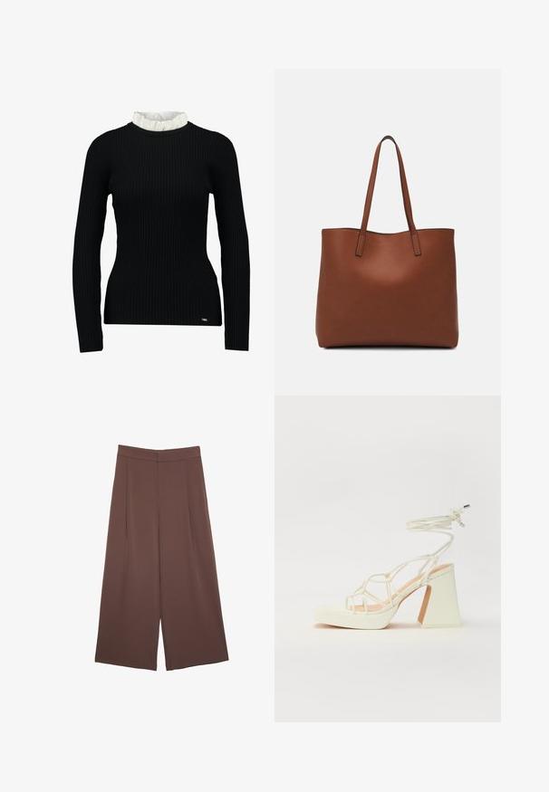 Sort ribbet langærmet top med hvidt flæsekantdetalje, der har en tætsiddende form og blød tekstur. Diskret logo ved kanten.; Brune bredbunde bukser med en glat tekstur, der har høj talje og plisseringer foran. Stoffet er let og falder løst.; Hvide højhælede sandaler med en kraftig hæl, der har et stropdesign og ankelbinding. Glat tekstur med en platform foran for ekstra højde.; Brun læder tote taske med en glat overflade, åben topdesign og to skulderremme. Har minimal syning og ingen synlig hardware.