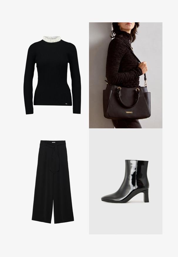 Top largo de manga larga negro acanalado con un detalle de cuello rizado blanco, que presenta una forma ajustada y una textura suave. Logo sutil en el dobladillo.; Pantalones de pierna ancha negros con un tejido texturizado, una cinturilla elástica y un lazo desmontable en la cintura para un ajuste ajustable.; Botín de charol negro con punta afilada y un tacón de bloque de altura media. Textura suave y diseño minimalista.; Bolso negro con superficie texturizada, doble asa superior y correa para hombro ajustable. Presenta herrajes en tono dorado y bolsillos laterales.