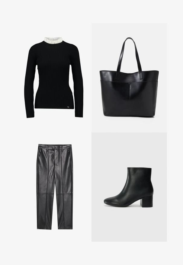Haut noir à manches longues côtelé avec un col en dentelle blanc, affichant une silhouette ajustée et une texture douce. Logo subtil à l'ourlet.; Pantalons en cuir noir avec une texture lisse, présentant une coupe droite, deux poches avant et des coutures visibles.; Bottines en cuir noir avec un bout pointu et un talon épais. Texture lisse avec des accents minimalistes et un design élégant et ajusté.; Sac fourre-tout en cuir noir avec deux longues poignées, une texture lisse et une forme structurée. Dispose d'une poche avant pour un rangement supplémentaire.