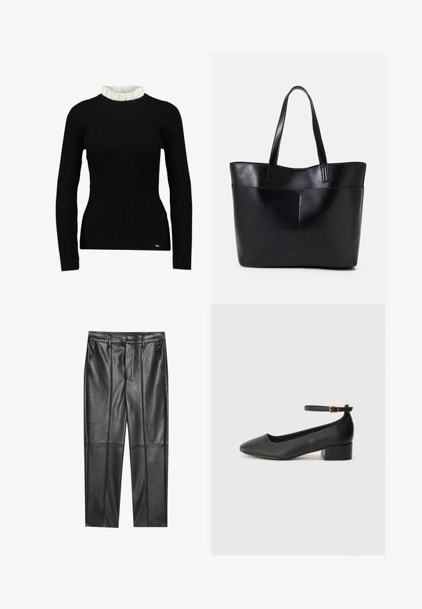 Sort ribbet langærmet top med hvidt flæsekantdetalje, der har en tætsiddende form og blød tekstur. Diskret logo ved kanten.; Sorte læderbukser med en glat overflade, der har lige pasform, to forlommer og synlige sømdetaljer.; Sorte læderpumper med spids tå og en lav blokhæl. Har en ankelrem med en guldfarvet spænde. Glat tekstur.; Sort læder tote taske med to lange håndtag, en glat tekstur og en struktureret form. Har en forlommem for ekstra opbevaring.