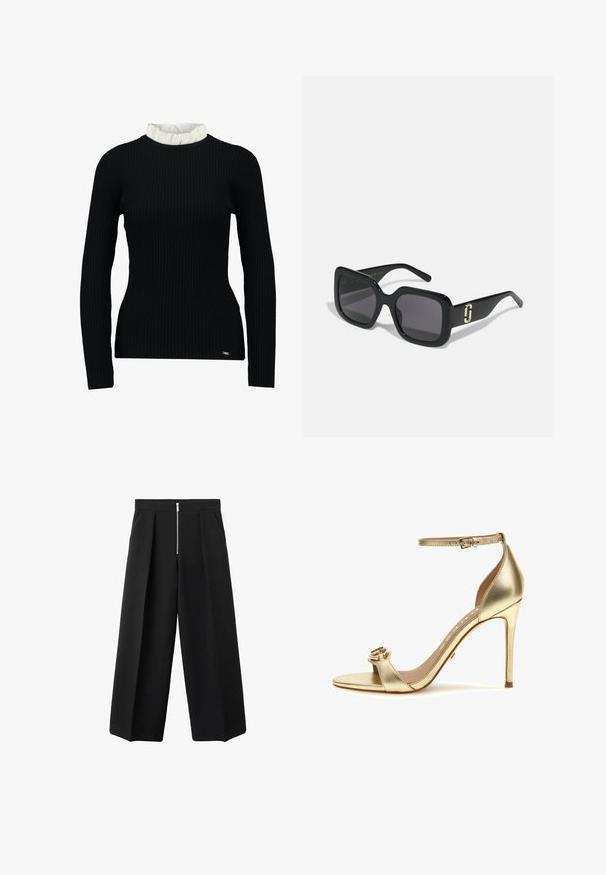 Sort ribbet langærmet top med hvidt flæsekantdetalje, der har en tætsiddende form og blød tekstur. Diskret logo ved kanten.; Sorte brede bukser med frontfolder og en synlig sølvfarvet lynlås lukning i taljen, flad front og sidelommer.; Guldmetallic højhælede sandal med ankelrem, åben tå, bred rem med cirkulært accent og en stiletto hæl. Glat tekstur.; Sorte solbriller med en kraftig firkantet stel, mørke linser, glat overflade og en guldaccentdetalje på stængerne.; Sort læder skuldertaske med en glat tekstur, buet form og justerbar hank. Har minimal syning og et enkelt design.