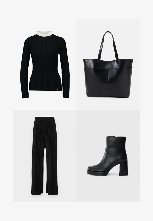 Black ribbed long-sleeve top with a white ruffled collar detail, featuring a fitted shape and soft texture. Subtle logo at the hem.; Black pleated trousers with an elastic waistband. Features wide legs and a smooth, textured fabric with vertical stripes.; Black leather ankle boot with a block heel and platform sole, viewed from the side on a plain white background.; Black leather tote bag with two long handles, a smooth texture, and a structured shape. Features a front pocket for additional storage.