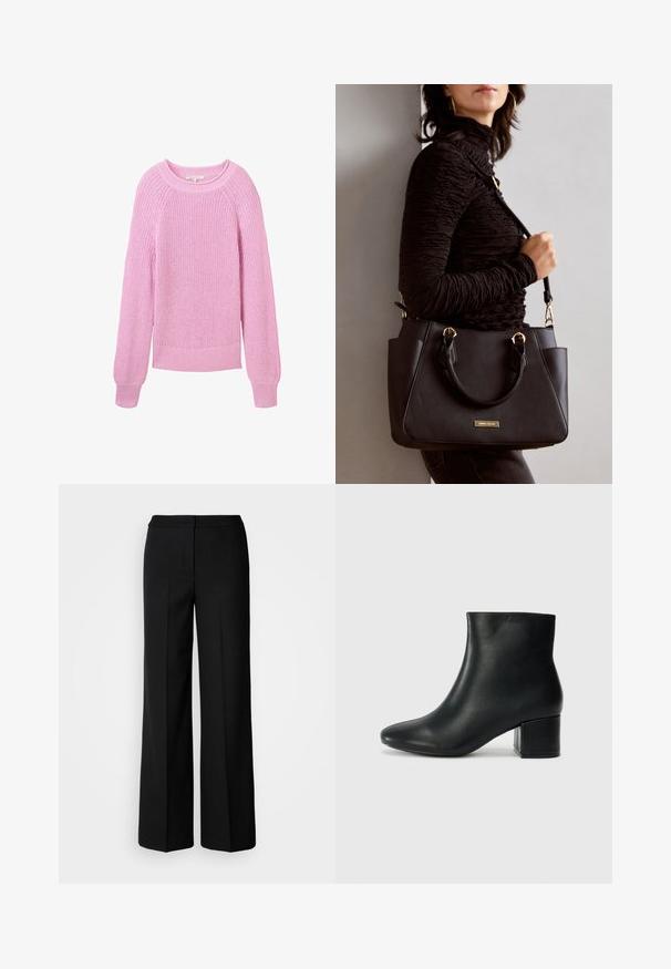 Rožinė megzta suknelė su apvaliu iškirpimu, ilgomis rankovėmis, raišteliais ant rankovių ir apatinės dalies. Audinys yra atviras, su laisvu siluetu.; Juodos plačios kojų kelnės su lygia medžiaga, pasižyminčios aukštu liemeniu, pritaikytais siūlėmis ir minimalistiniu dizainu. Nėra matomų metalo detalių ar kišenių.; Juodos odinės aulinės botai su smailiu priekiniu pirštu ir storu kulnu. Lygus tekstūra su minimaliomis detalėmis ir elegantišku, tvirtai priglundančiu dizainu.; Juodas rankinės maišelis su struktūrizuota paviršiumi, dvigubais viršutiniais rankenėlėmis ir reguliuojamu peties diržu. Įrengtas aukso spalvos furnitūra ir šoninės kišenės.