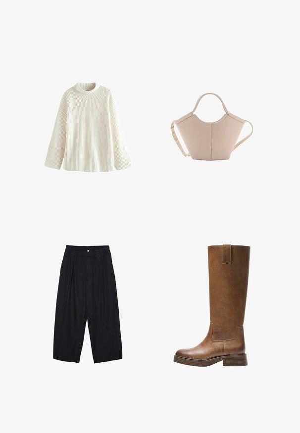 Cremefarbener Strickpullover mit strukturiertem Rippenmuster, lockerer Passform, weiten Ärmeln und rundem Halsausschnitt. Leichtes und weiches Material.; Schwarze Polyester-Culotte mit einem elastischen Bund, zwei vorderen Falten und einer lockeren Silhouette. Keine sichtbaren Muster oder Hardware-Details.; Braunes Leder-Knöchelhochstiefel mit abgerundetem Zeh, strukturiertem Obermaterial und niedrigem, gestapeltem Absatz. Verfügt über ein seitliches Einsätzen und eine Ziehschlaufe an der Oberseite.; Beige Lederhandtasche mit einer einzigartigen Form, die zwei kurze Henkel und einen langen verstellbaren Riemen aufweist. Glatte Textur mit minimalen Hardware-Elementen.