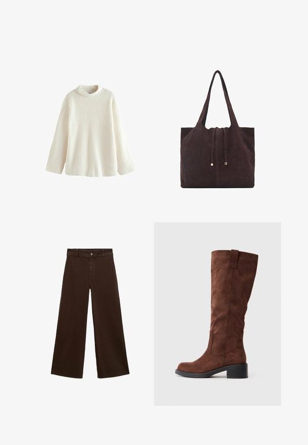Cremefarbener Strickpullover mit strukturiertem Rippenmuster, lockerer Passform, weiten Ärmeln und rundem Halsausschnitt. Leichtes und weiches Material.; Braune, weit geschnittene Hosen aus Baumwollmischung mit fransigem Saum, vorderem Knopfverschluss und klassischem Fünf-Taschen-Design. Minimalistisch und vielseitig.; Braune Wildleder Stiefel bis zum Knie mit runder Zehenform, Blockabsatz und seitlichen Steppnähten. Glatte Textur und robuste Verarbeitung.; Mango Shopping Bag - dark brown