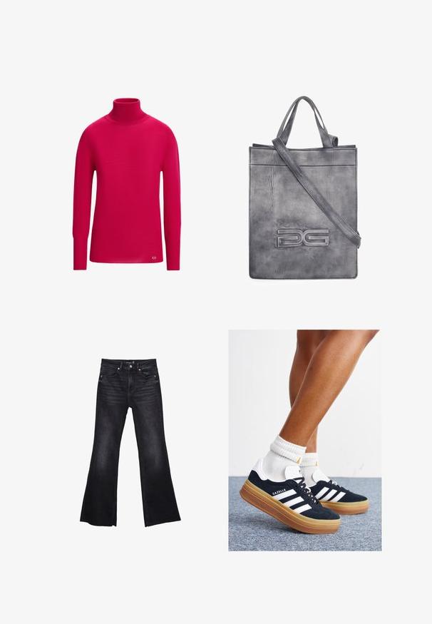 Luisa Spagnoli Pulover - fucsia; Črne široke kavbojke iz denima z rahlo zbledelim videzom. Imajo sprednje žepke, zadrgo in vidne šive.; Črni antilop superge z belimi črtami in poudarki, okrogel prst, gumijasti podplat, kombinirane z belimi rebrastimi nogavicami.; Sivkasta usnjena torba z dvema ročajema in odstranljivim ramenskim trakom. Ima teksturirano površino in embosiran logotip spredaj.