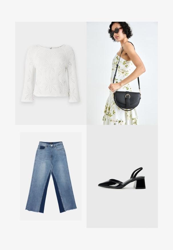 Hvit crop-top med et strikket mønster av stiliserte blomster. Har lange ermer og rund halslinning. Teksturert, lett stoff.; Lyseblå vide jeans med kontrasterende mørkeblå paneler, frynset søm og vanlig liv med metallknapp-lukking.; Svarte patentlær slingback hæler med spiss tå og geometrisk blokk hæl. Har et stilrent, minimalistisk design og jevn tekstur.; Svart lærveske med en buet form, avtagbar stropp og gullbeslag. Vesken har et klaff med spenne-detall.