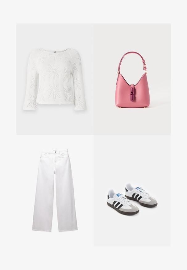 Top corto bianco con un motivo lavorato a maglia di fiori stilizzati. Presenta maniche lunghe e un collo rotondo. Tessuto leggero e con texture.; Jeans bianchi a gamba larga realizzati in denim. Presentano chiusura con bottone, tasche anteriori e posteriori, e cuciture rinforzate. Tessuto liscio con dettagli minimi.; Scarpe sportive con tomaia in pelle bianca, punta in suede grigia e tre strisce nere. Presentano un logo blu sulla linguetta e una suola in gomma testurizzata.; Borsa in pelle rosa con una forma strutturata, caratterizzata da una chiusura lucida e una sola tracolla regolabile. Finitura texturizzata con hardware dorato.